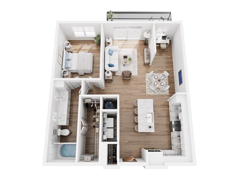 A top down view of a small apartment with a kitchen, living room, and bathroom.